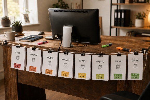 The tender washing line Colour-coded tender packs clipped to a line above a desk, representing a bid manager's deadline-tracking system